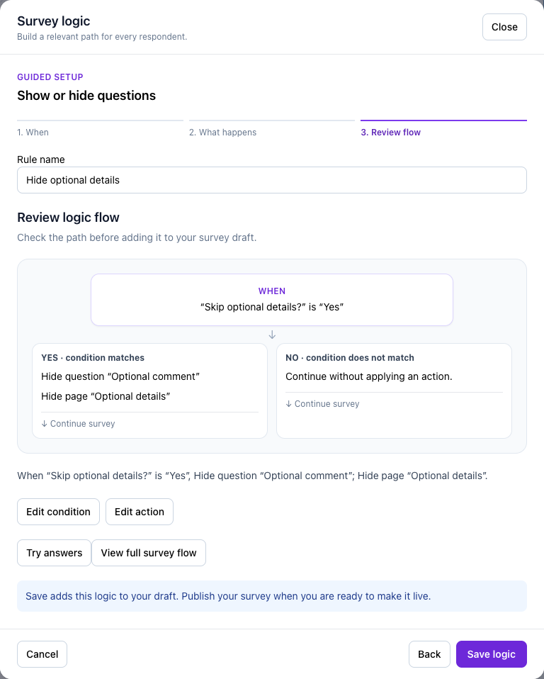 The final flow review for hide question and page, before Save logic.