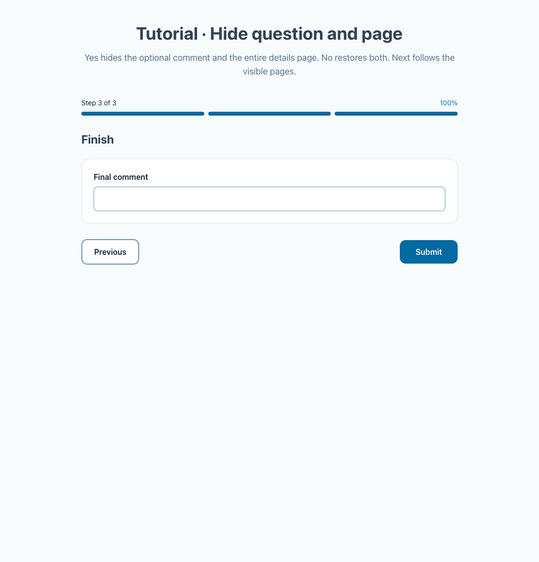 After Yes and Next, the hidden Optional details page is skipped and Finish opens.