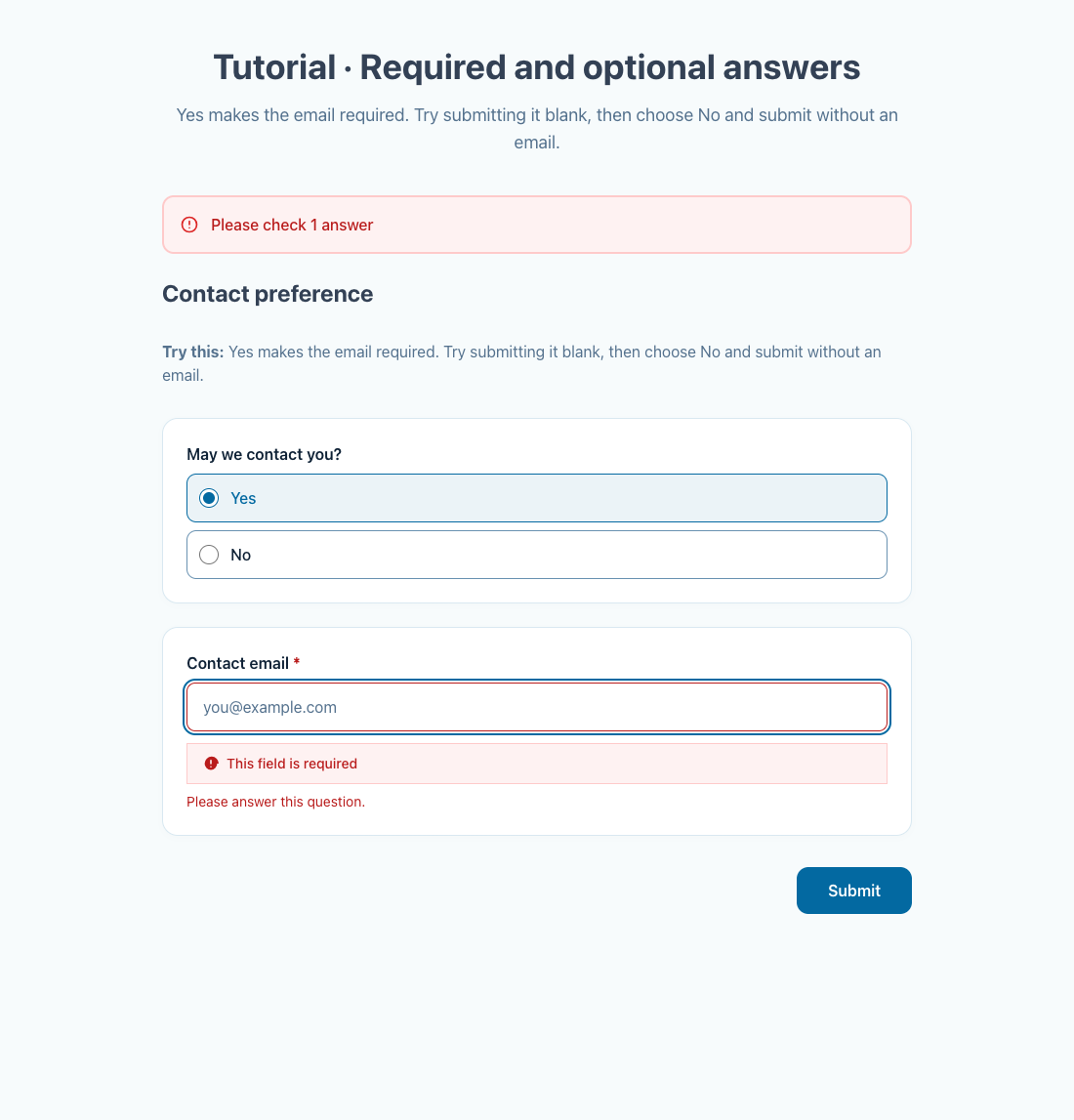 A Yes answer makes the email required; a blank submission displays validation feedback.