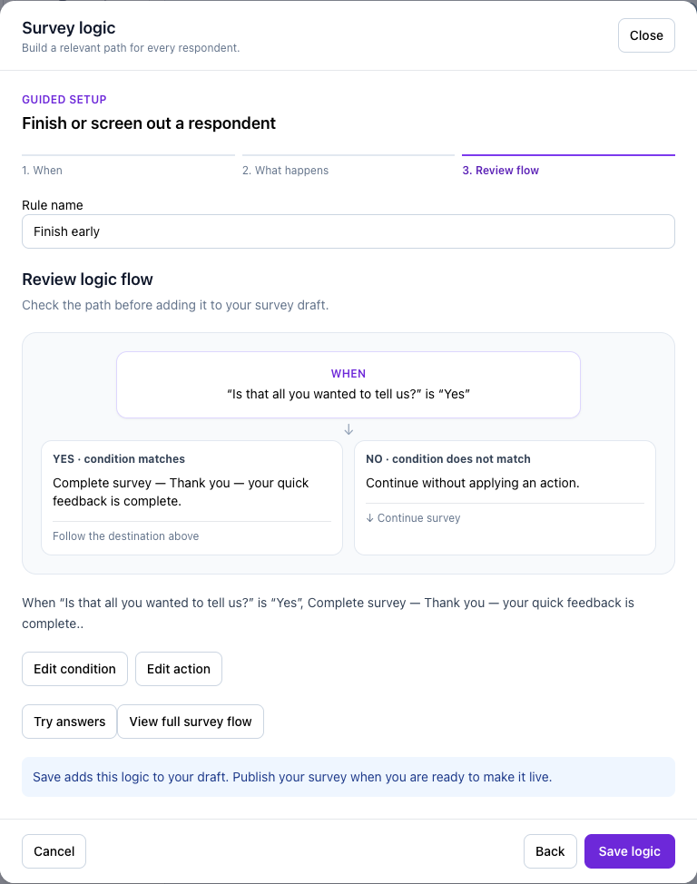 The final flow review for conditional completion, before Save logic.