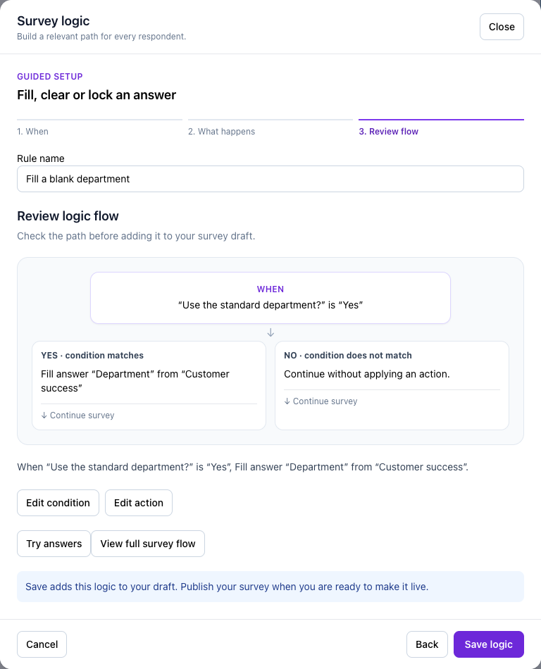 The final flow review for prefill and calculated answers, before Save logic.