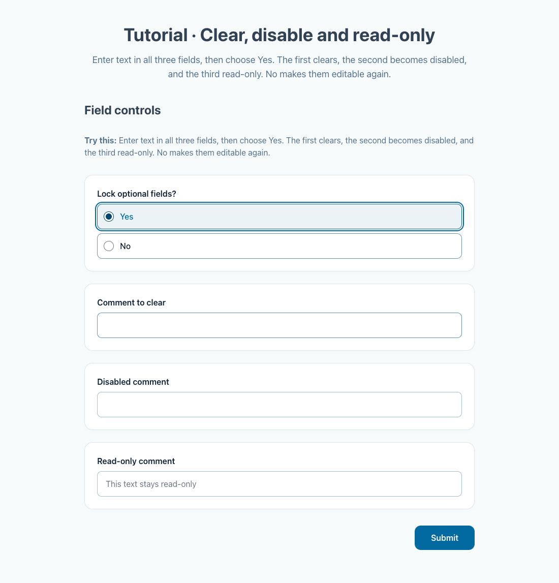 The clear field is blank, while the disabled and read-only controls cannot be edited.