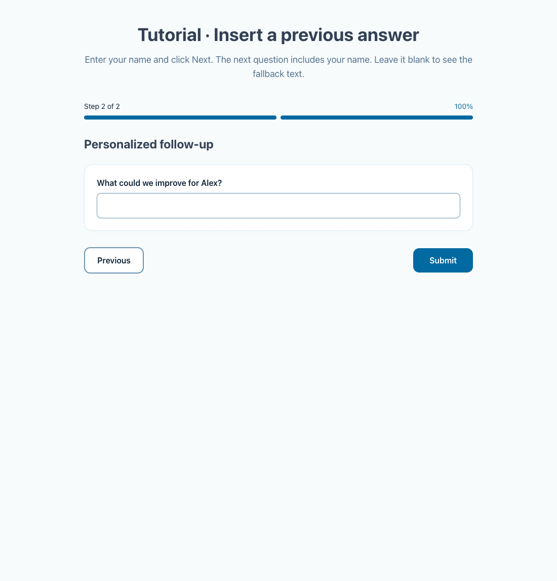 The earlier name Alex is inserted into the later question.