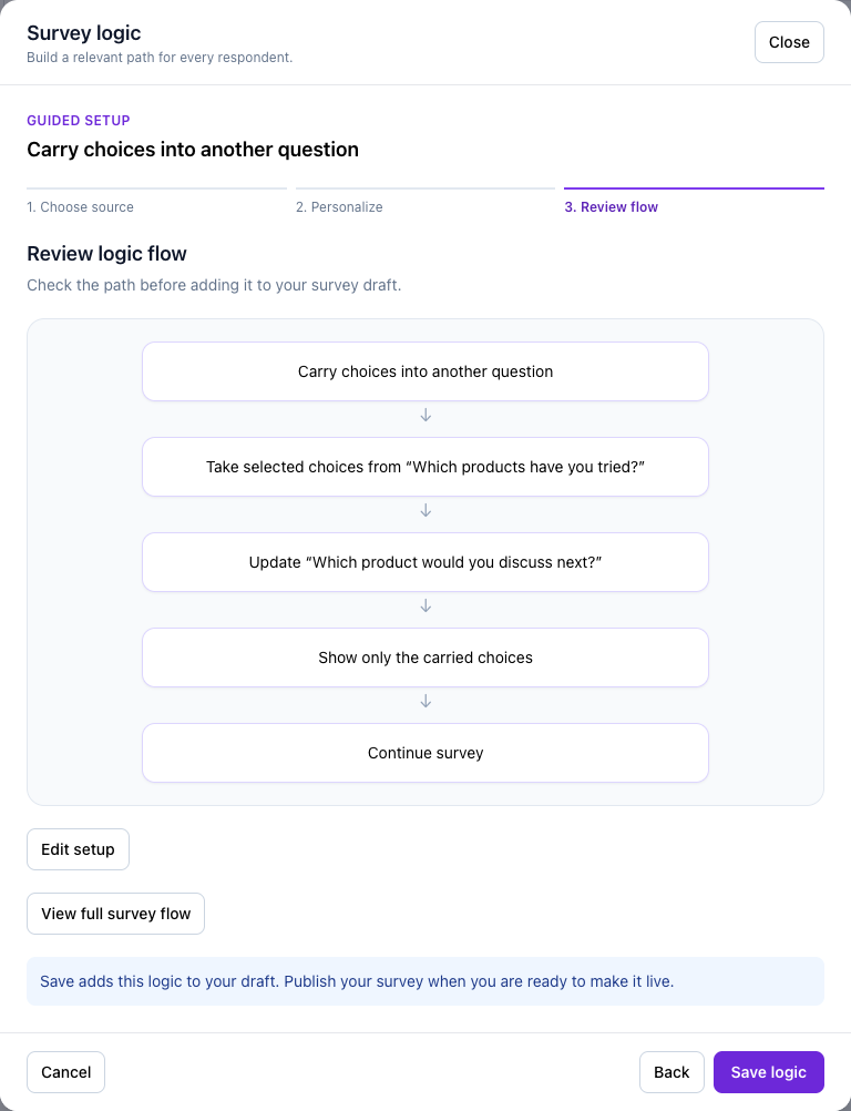 The final flow review for carry selected choices, before Save logic.