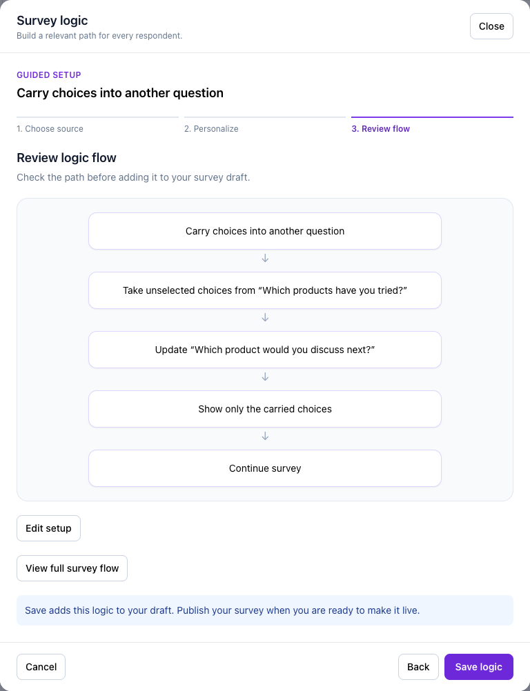 The final flow review for carry unselected choices, before Save logic.