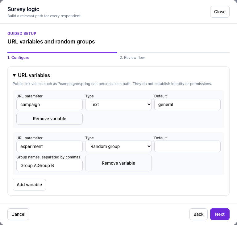 Configure url variables and random groups using the values in this tutorial.