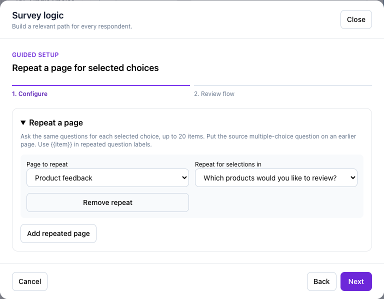 Configure repeat a page for selected items using the values in this tutorial.