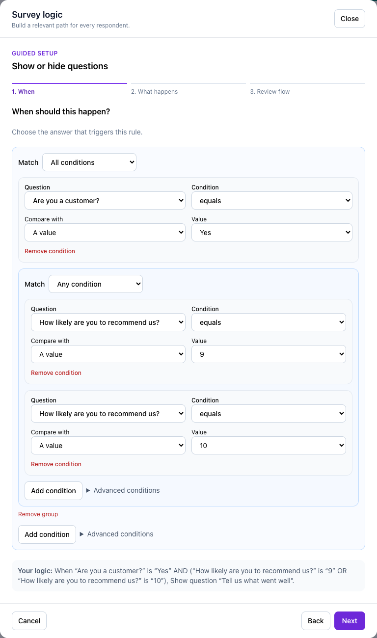 Configure the condition that triggers nested all/any conditions.